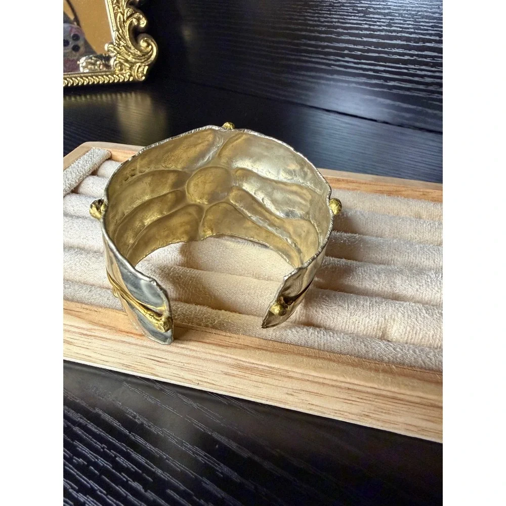 Artisan Mixed Metal Cuff Bracelet Tri-Tone Sunburst Hammered Silver Gold Copper